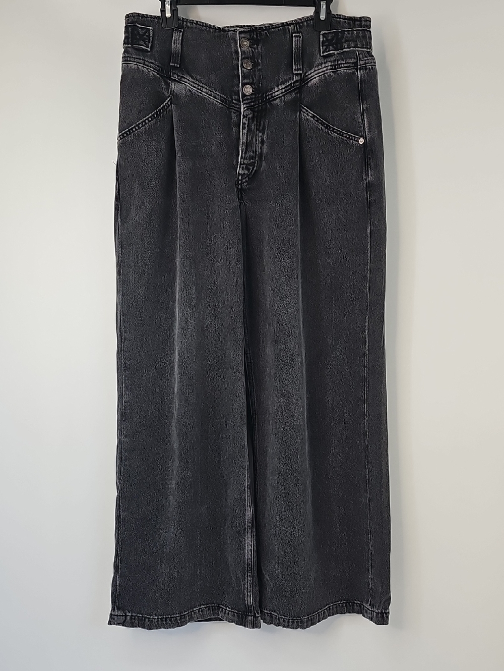 Free People Wide Leg High Waist Button Front Deep Pocket Faded Black Boho Jeans